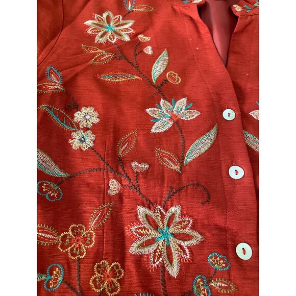 Silk Land Red Floral Embroidered 100% Silk Jacket Blazer 3/4 sleeve SZ Large - Picture 8 of 8